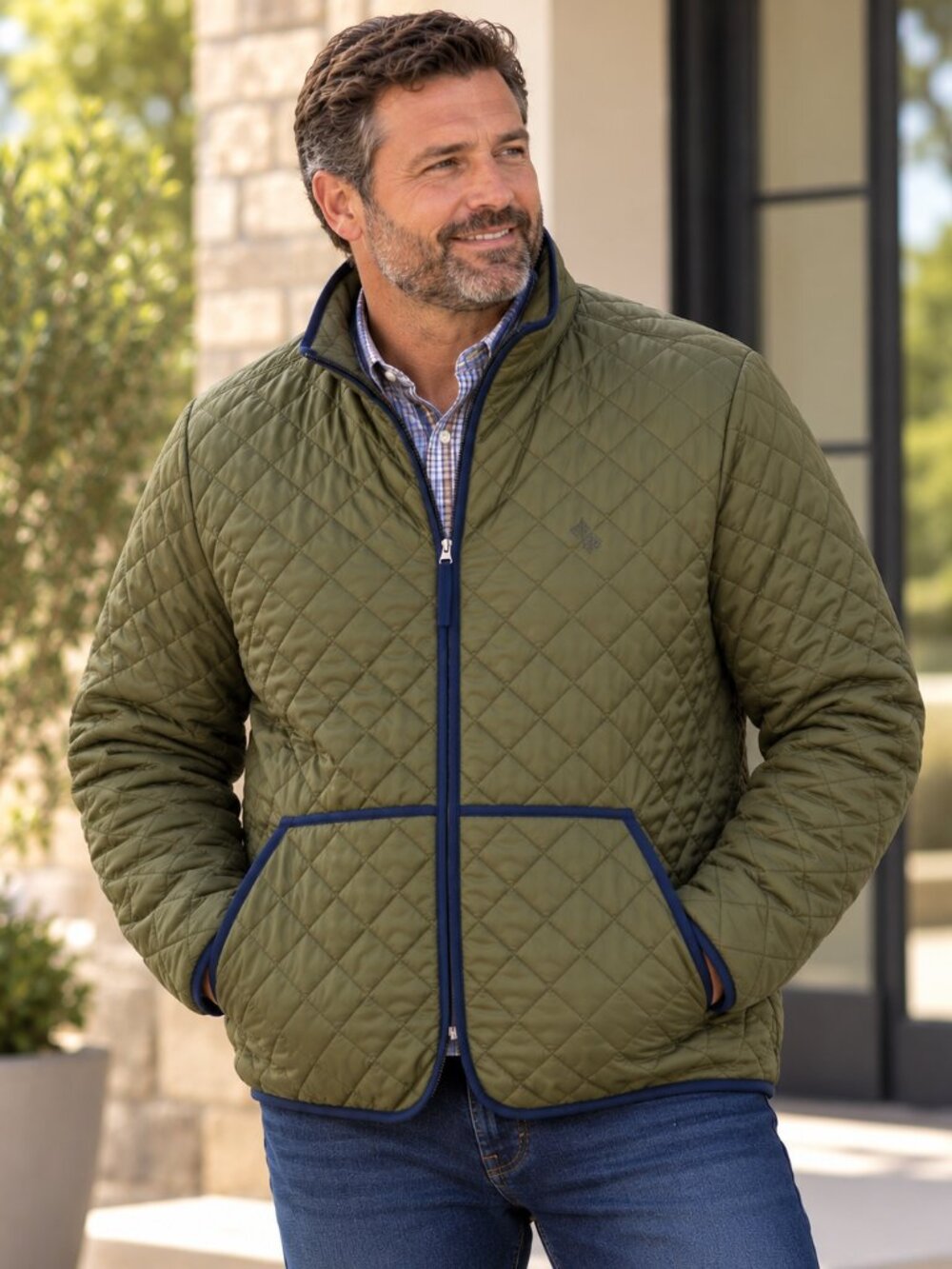 Brooks Brothers Men's 3XL Olive Thermore Quilted Jacket Navy Trim Full Zip